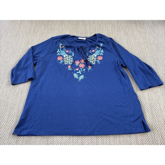Women's Quacker Factory Blue Peacock's Embroidered Rhinestone Top Size XL - Picture 1 of 6